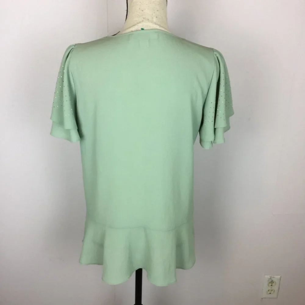 Michael Kors Peplum Blouse Top Size S Womans Green V-Neck Layered Flutter Sleeve - Picture 2 of 12